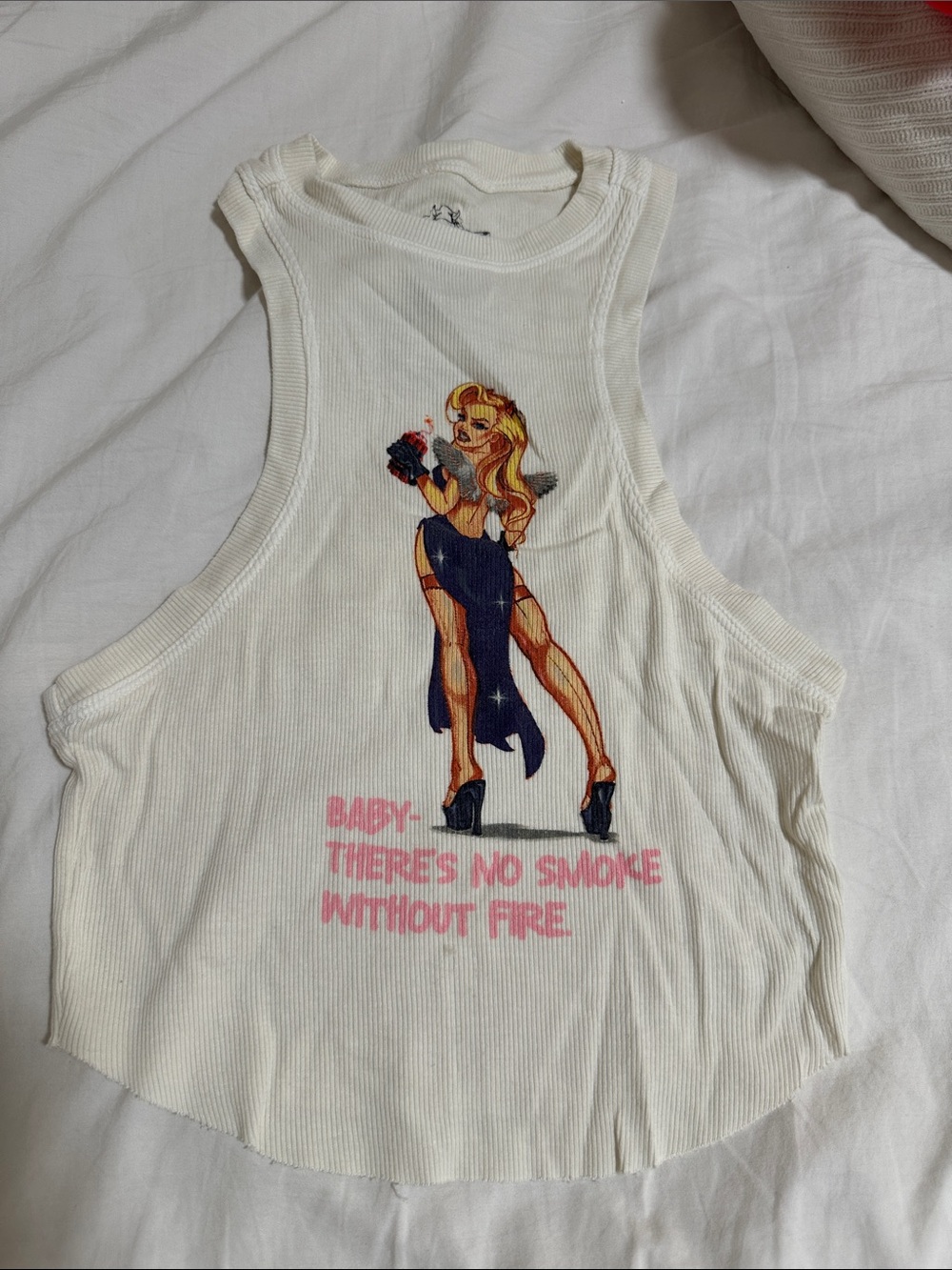Boys Lie Cream Ribbed Tank with Graphic Pinup and Pink Text